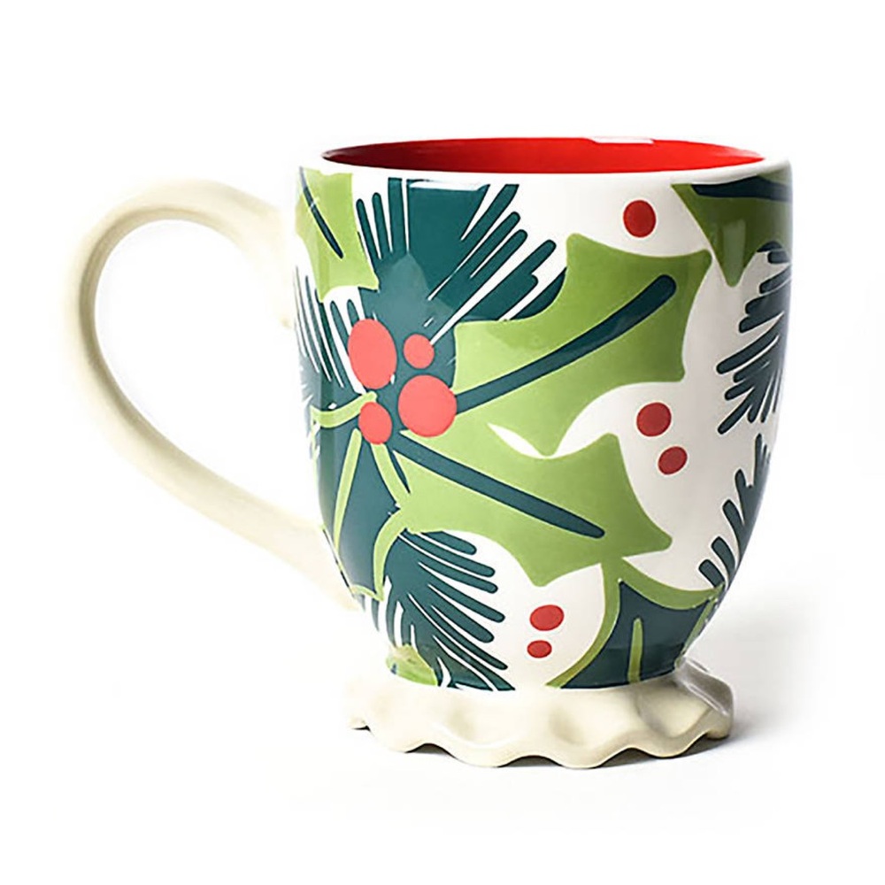 NWT COTON COLORS Coffee/Tea Christmas Holiday Holly Ruffle Mug/Cup Red Interior